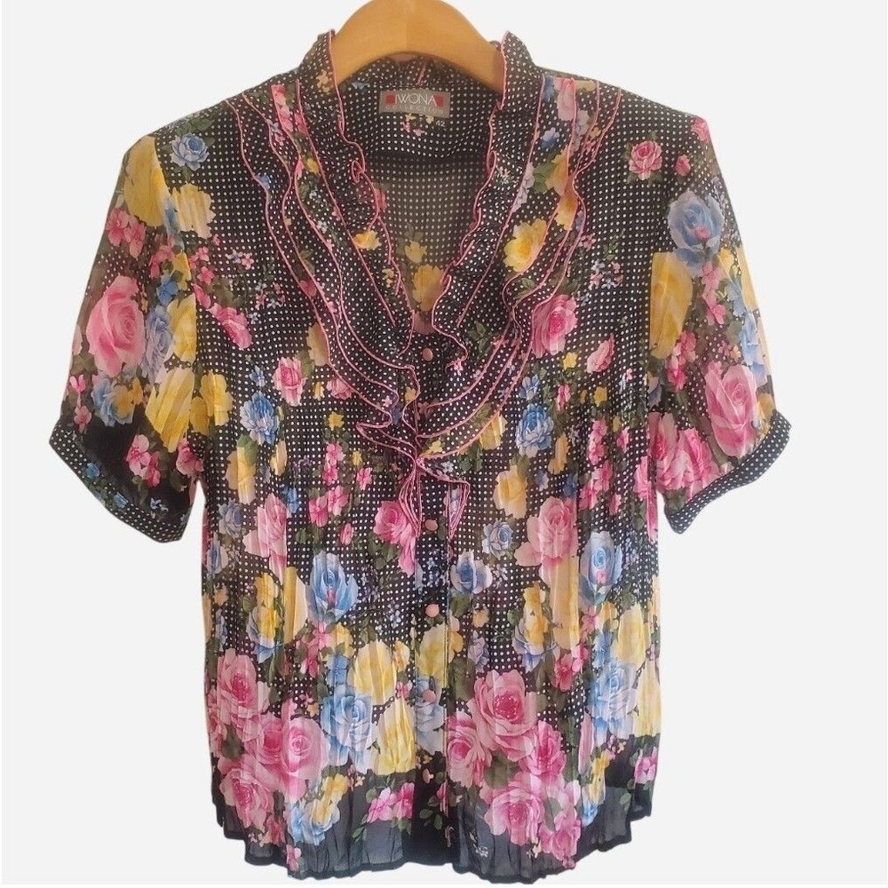 Vtg Iwona Collection Semi Sheer Floral Polka Dot Ruffle Neck Top Size M Preppy